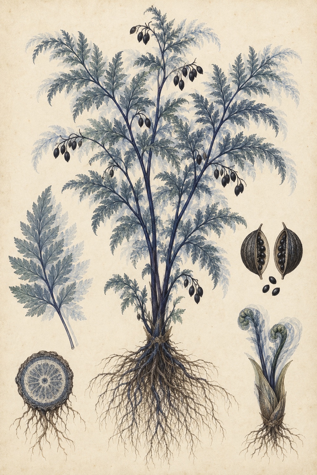 A vintage botanical plate of a tall indigo hemlock with translucent doubled leaves, black seed pods, roots, and several anatomical studies.
