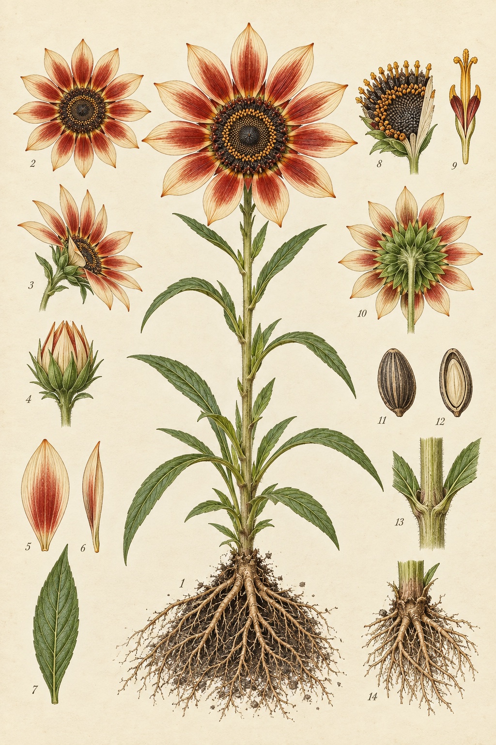 A vintage botanical plate of a Clockpetal with twelve ivory and rust-red petals, roots, leaves, seeds, and flower studies.