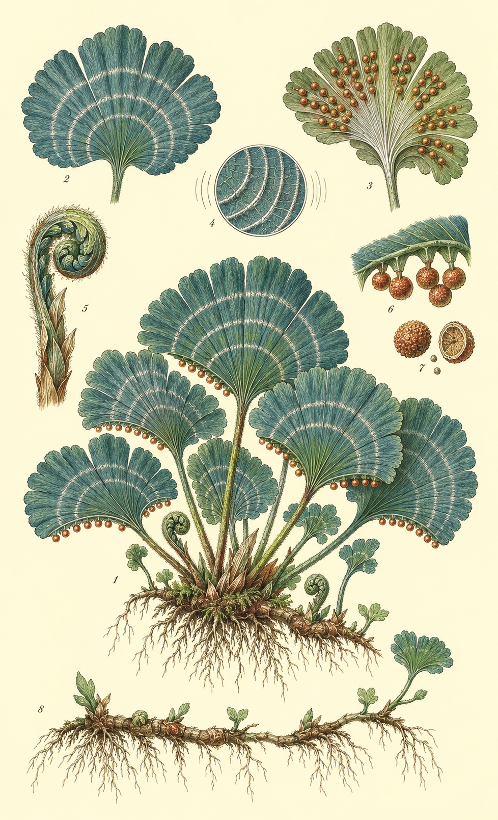 A vintage botanical plate of an Echo Fern with fan-shaped fronds, silver rings, copper spores, fiddleheads, and roots.