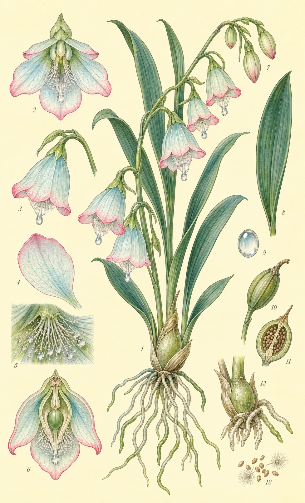 A vintage botanical plate of a Glassbell Orchid with hanging blue-pink flowers, water droplets, roots, leaves, and seed studies.