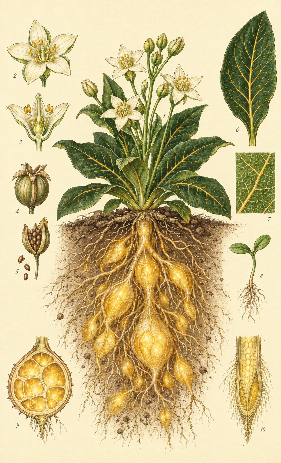 A vintage botanical plate of a Lantern Root with cream flowers, dark leaves, and a branching network of glowing golden root chambers.