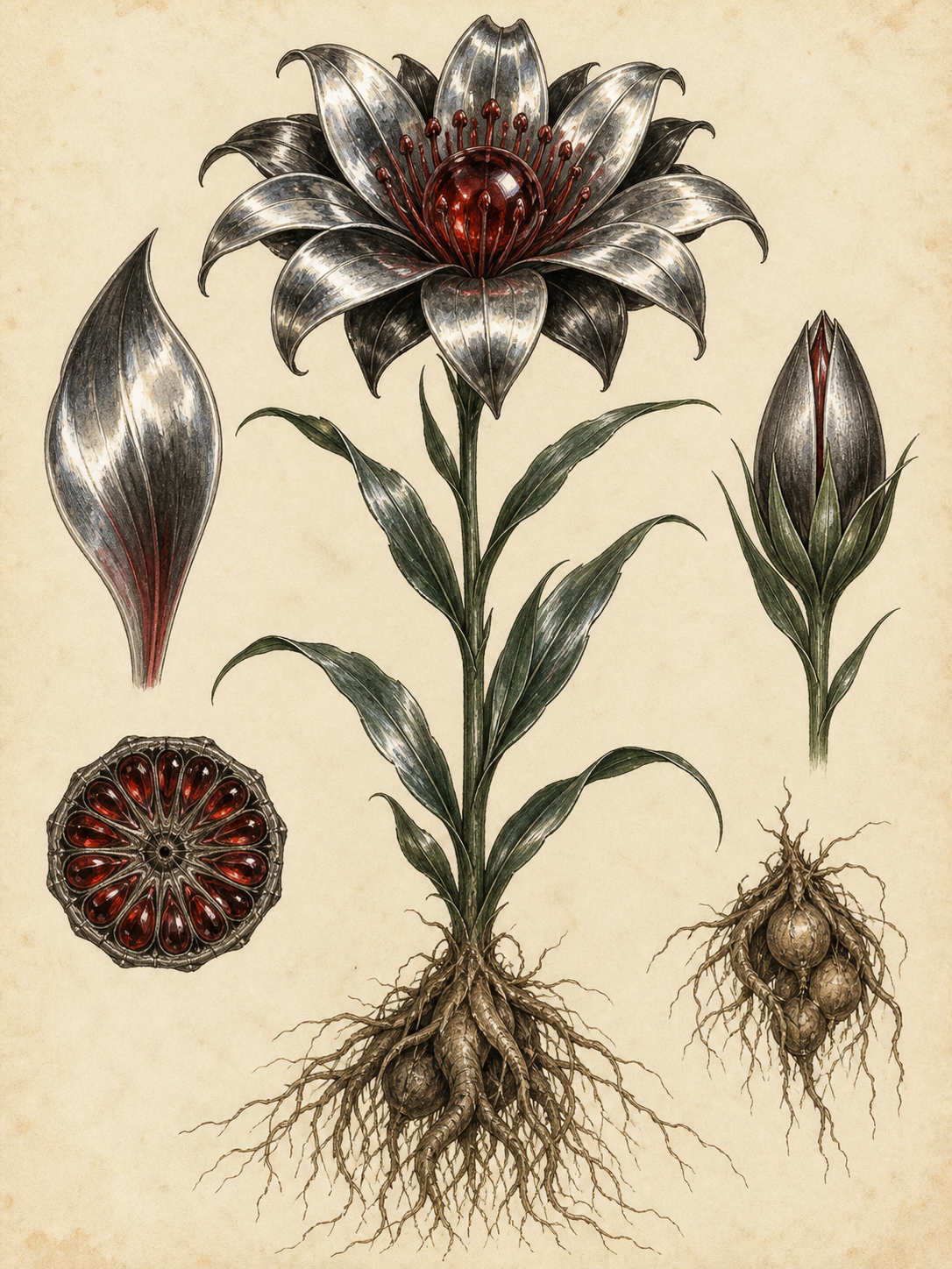 A vintage botanical plate of a Mirrortrap Lily with reflective black-silver petals, a red center, roots, a bud, and seed studies.