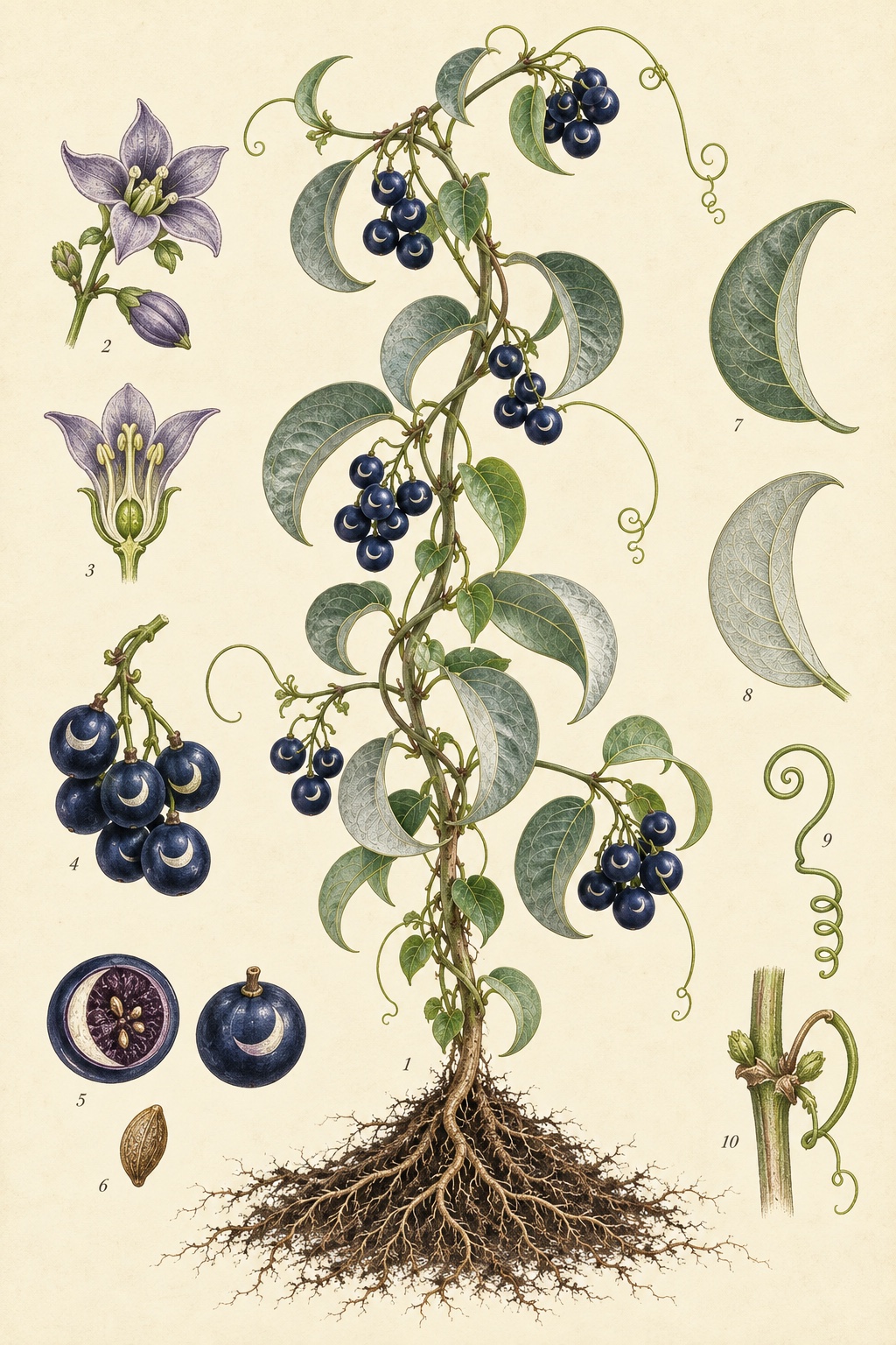 A vintage botanical plate of a Moonberry Vine with anatomical studies of its leaves, flowers, fruit, seeds, tendrils, and roots.