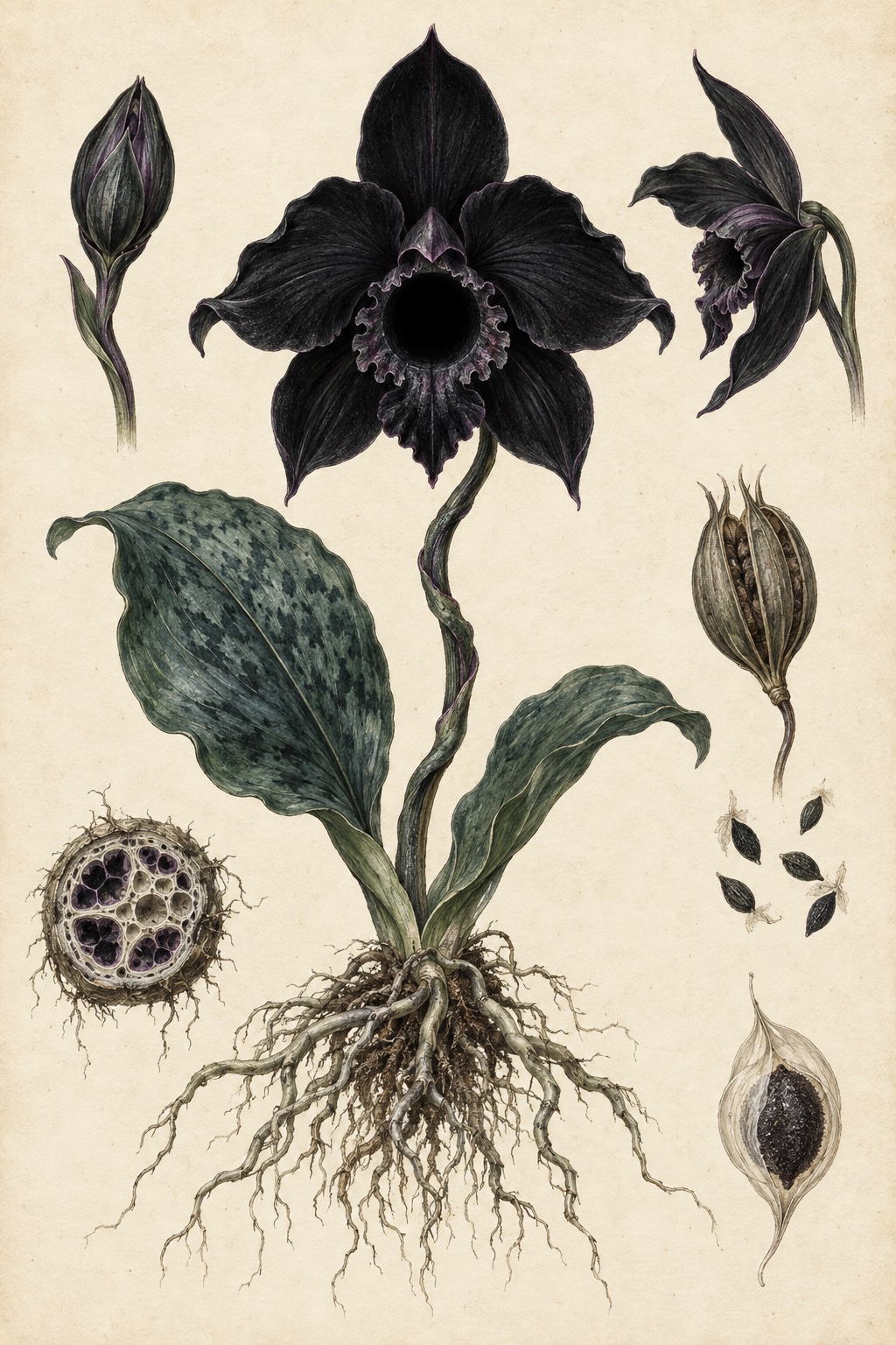 A vintage botanical plate of a black orchid with a lightless circular center, dark leaves, roots, a bud, seed studies, and a flower side view.