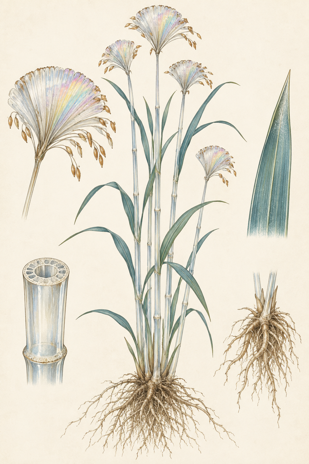 A vintage botanical plate of Prism Reed with translucent stems, blue-green leaves, fan-shaped seed heads, roots, and anatomical studies.