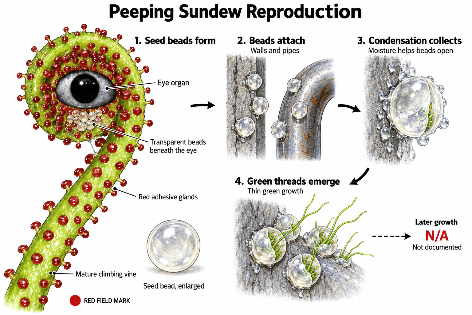 Peeping Sundew reproduction diagram: mature vines produce transparent seed beads below the eye organ; beads attach to walls and pipes, where condensation helps them open into thin green threads.