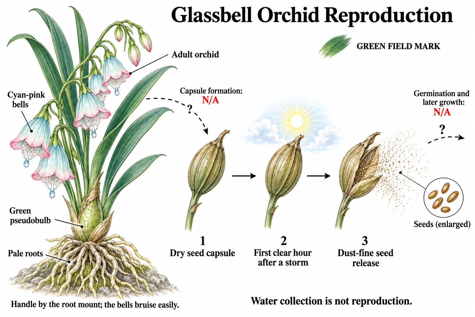 Glassbell Orchid reproduction diagram: dry seed capsules release dust-fine seeds during the first clear hour after a storm. Germination is not documented.
