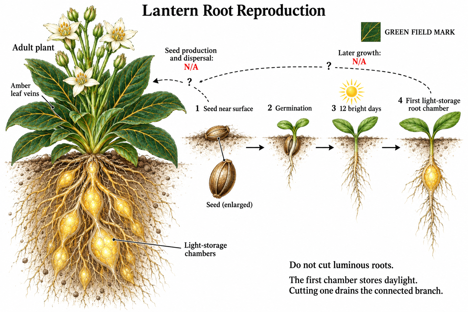 Lantern Root seed and early-growth diagram: a seed germinates near the surface, then develops its first light-storage chamber after twelve bright days. Seed production and dispersal are not documented.