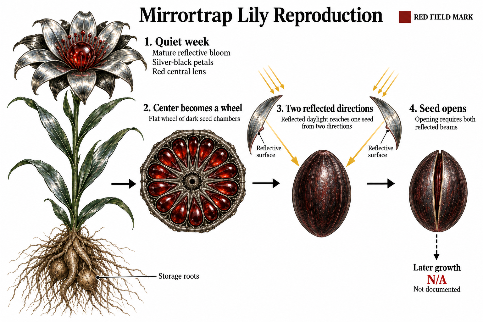 Mirrortrap Lily reproduction diagram: after a quiet week the red center becomes a wheel of seed chambers; seeds open when reflected daylight reaches them from two directions. Later growth is not documented.