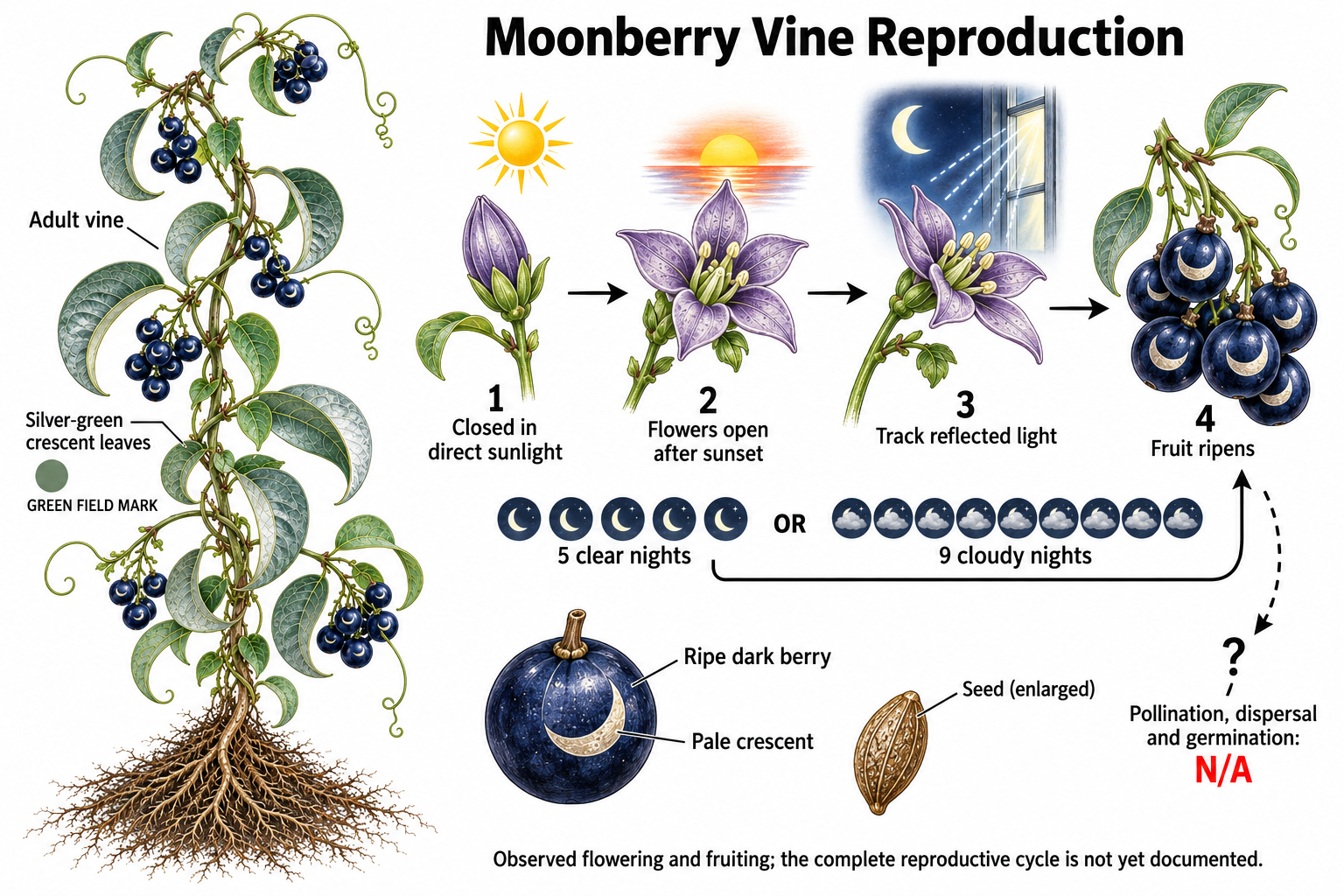Moonberry Vine fruiting diagram: flowers open after sunset and track reflected light; berries ripen after five clear nights or nine cloudy nights. Pollination and germination are not documented.