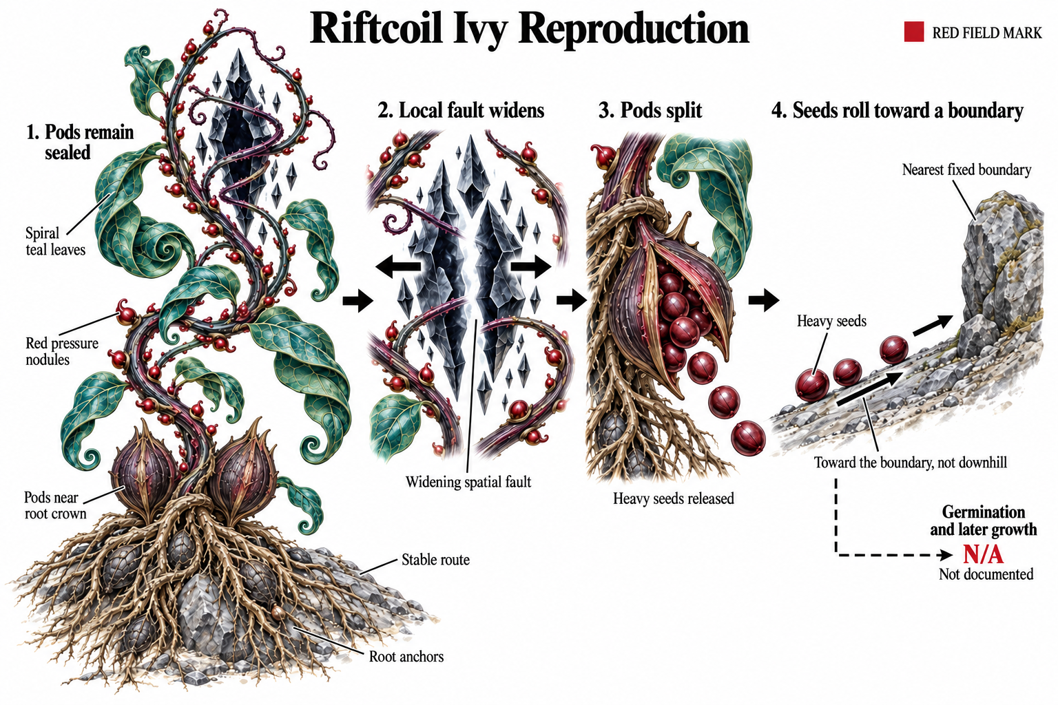 Riftcoil Ivy reproduction diagram: pods near the root crown stay sealed while the route is stable; a widening spatial fault triggers release of heavy seeds, which roll toward the nearest fixed boundary instead of downhill.