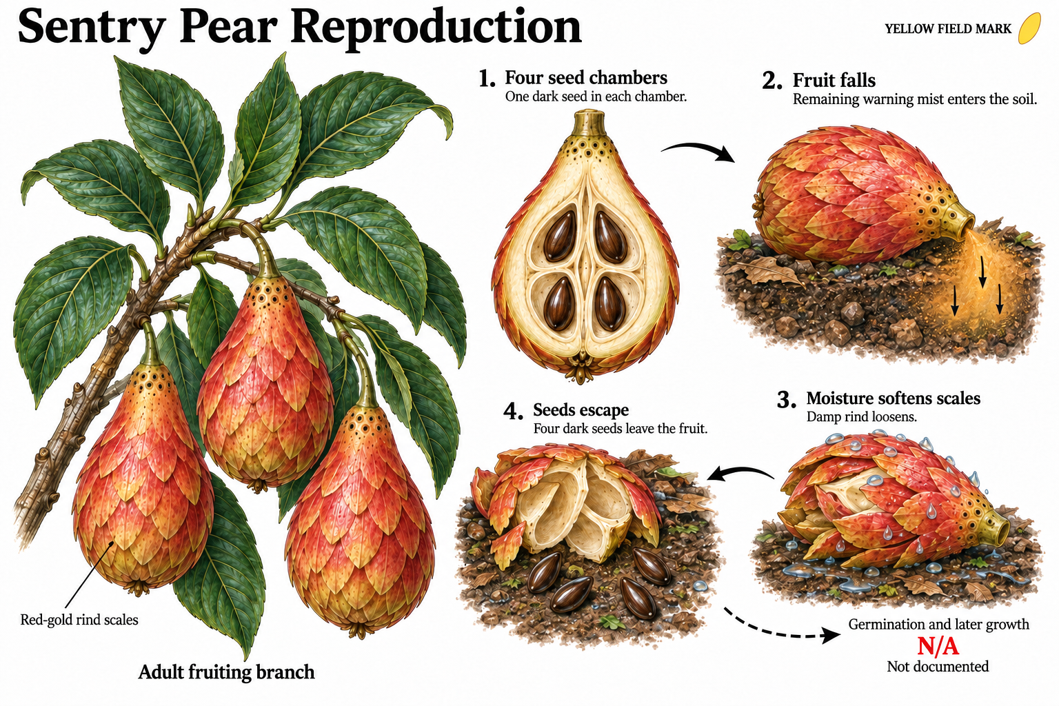Sentry Pear reproduction diagram: four dark seeds occupy separate fruit chambers; fallen fruit releases warning mist, moisture softens its scales, and seeds escape. Germination is not documented.
