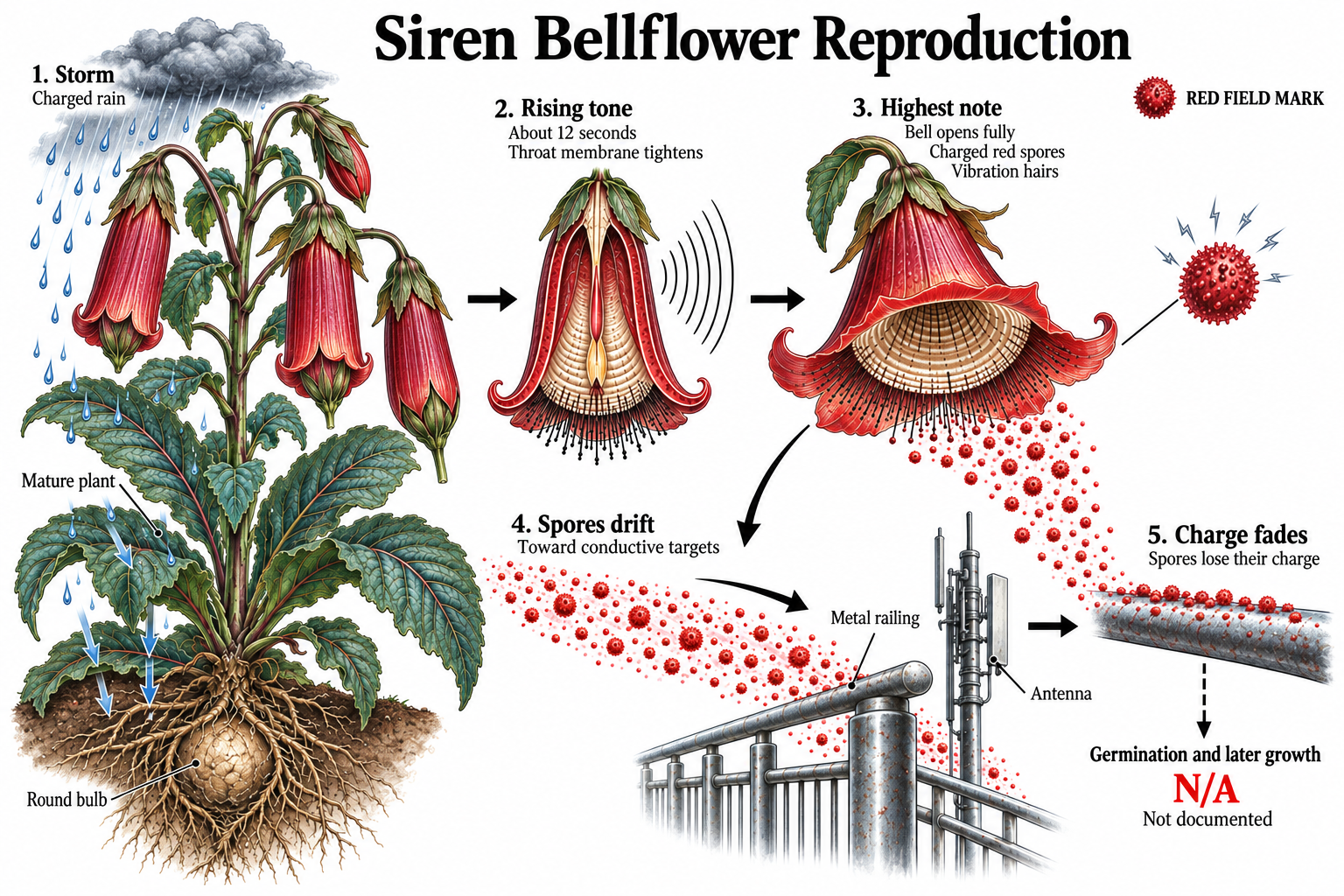Siren Bellflower spore-release diagram: during a storm a tone rises for about twelve seconds; at its highest note the bell opens and releases charged red spores, which drift toward conductive targets before losing charge.