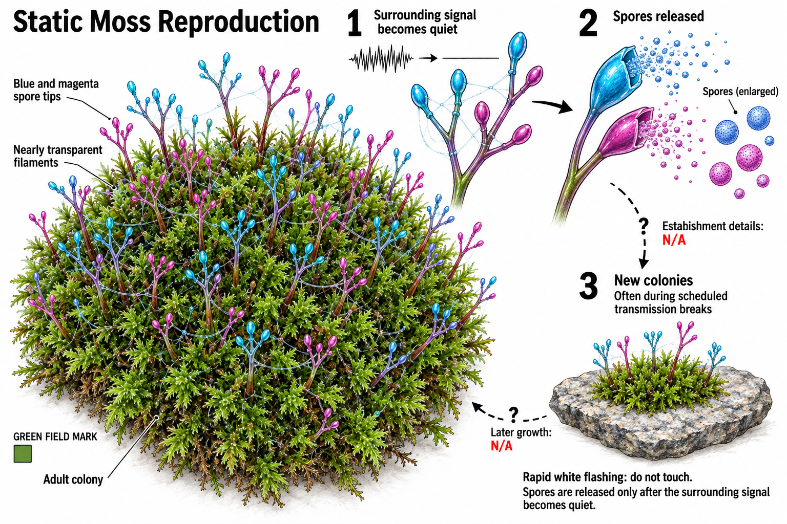 Static Moss reproduction diagram: quiet surrounding signals allow spore release; new colonies most often appear during transmission breaks.