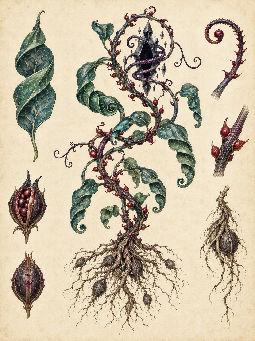 A vintage botanical plate of Riftcoil Ivy with spiral teal leaves, violet stems, red nodules, seed pods, roots, and a dark spatial fissure.