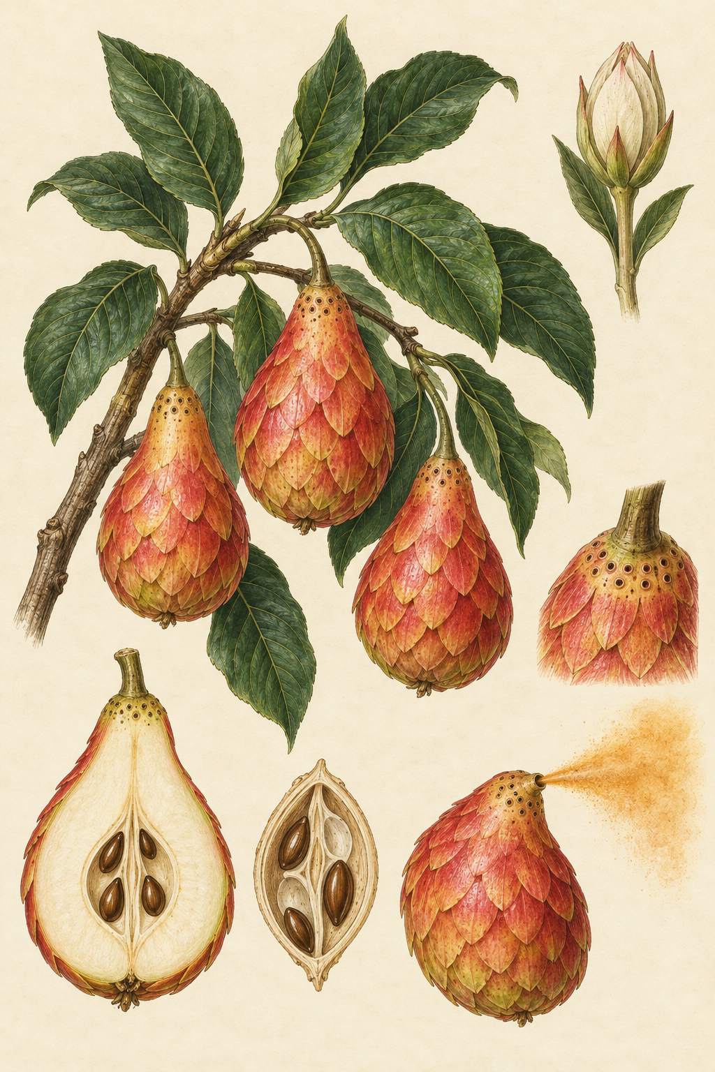 A vintage botanical plate of Sentry Pears with layered red-gold rind scales, dark green leaves, heat-sensing pits, seeds, a sliced fruit, and amber warning mist.