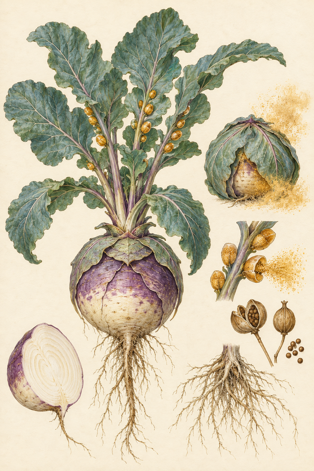 A vintage botanical plate of a Shieldroot Turnip with an armored violet root, folding blue-green leaves, golden dust sacs, seeds, and a sliced bulb.