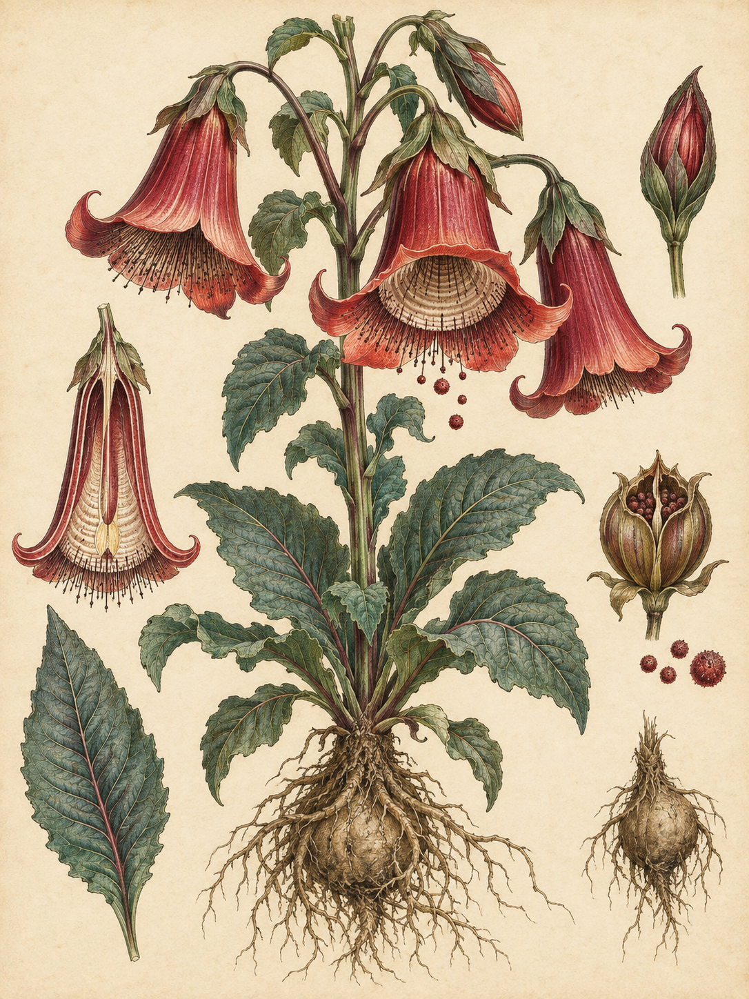 A vintage botanical plate of a Siren Bellflower with crimson trumpet blooms, blue-green leaves, charged spores, a seed capsule, and a root bulb.