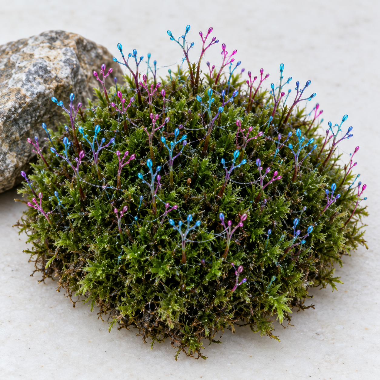 A dense green moss cushion with tiny blue and magenta branching tips.