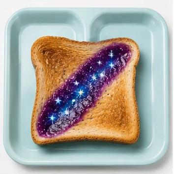 Comet toast with glowing fruit jam on an Eyeview cafeteria tray.