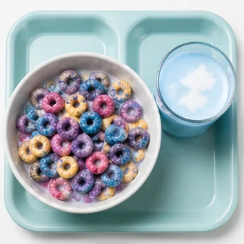 A bowl of colorful nebula cereal beside a glass of blue Cloud Milk.