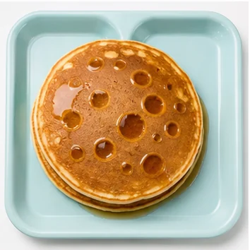 Solar pancakes with amber crater syrup on an Eyeview cafeteria tray.