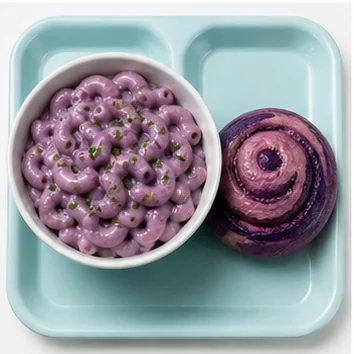 Comet macaroni with a warm moonberry roll on an Eyeview cafeteria tray.