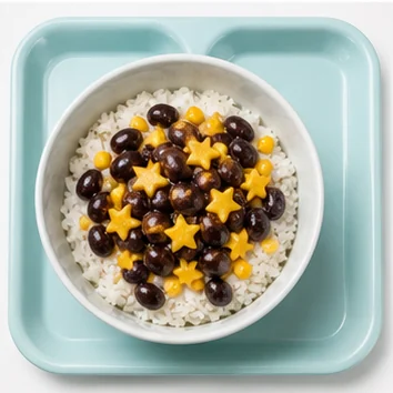 A gravity rice bowl with beans and sun corn on an Eyeview cafeteria tray.