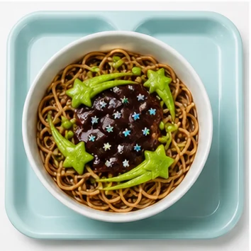 A bowl of dark noodles with star-shaped sauce and green vegetables.