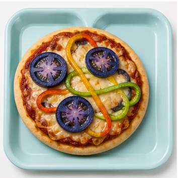 Rift pizza with blue tomatoes and orbit peppers on an Eyeview cafeteria tray.