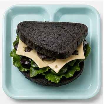 A charcoal shadow sandwich with night cheese and garden leaves on an Eyeview cafeteria tray.