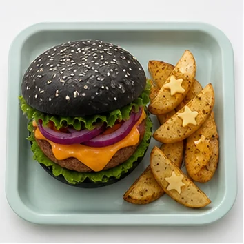 A burger with a black bun, colorful vegetables, and star-shaped potato wedges.