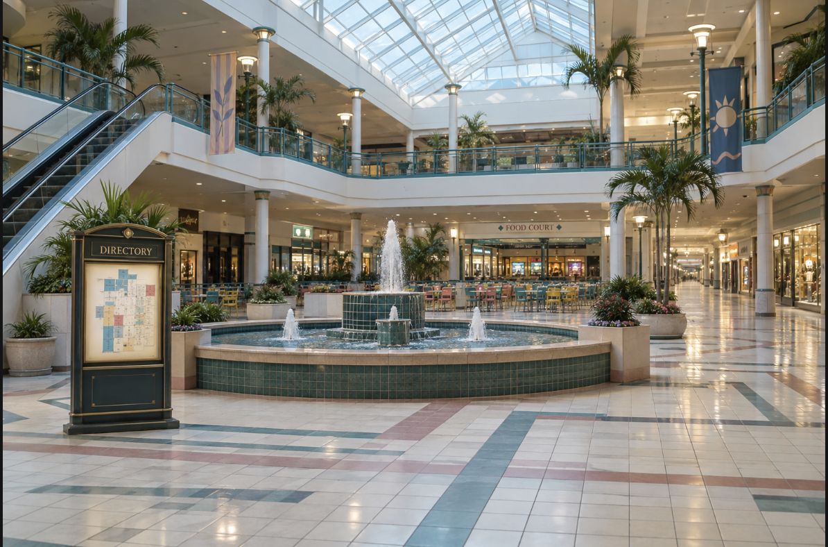 A shopping mall atrium with a tiled fountain, skylight, escalators, and a food court.