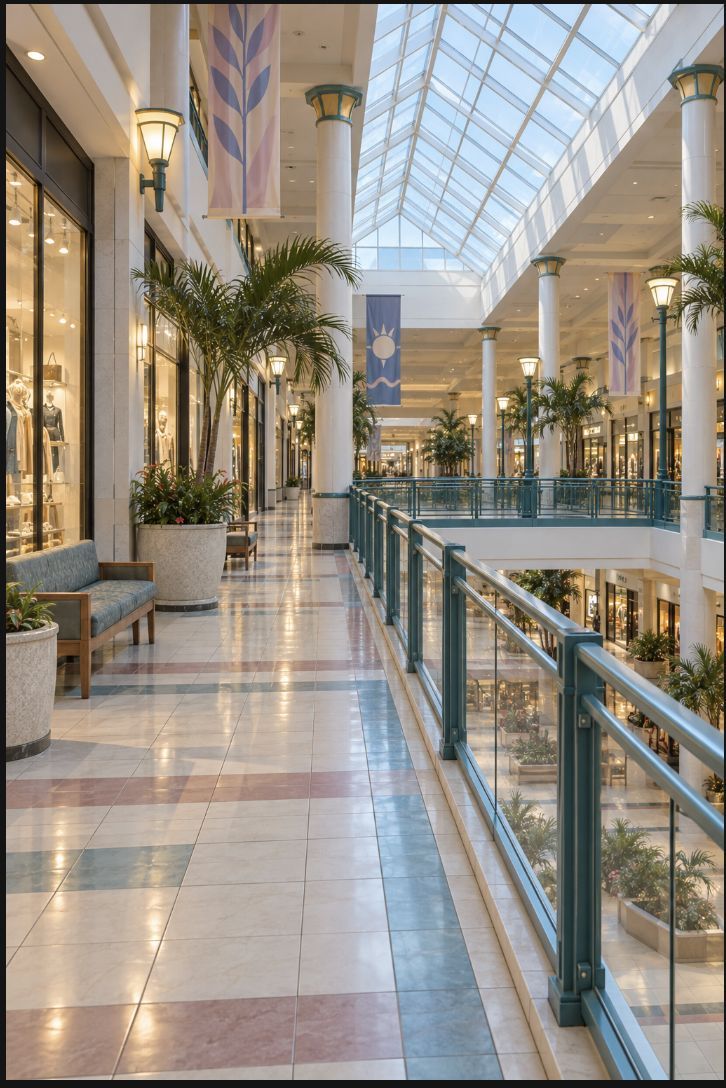 The mall's upstairs corridor with teal balcony railings, shop windows, benches, and indoor palms.